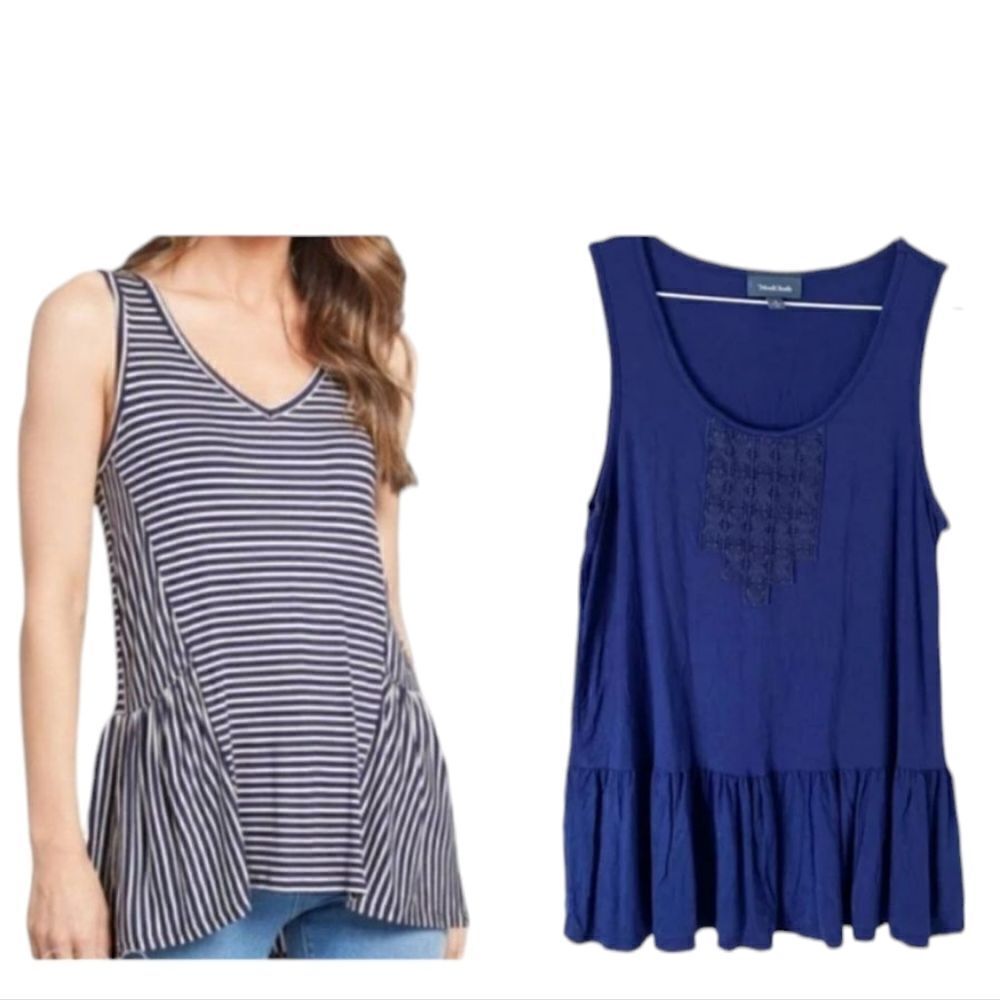 Lot of 2 ModCloth Sleeveless tops peplum stripes crochet navy blue size XXS